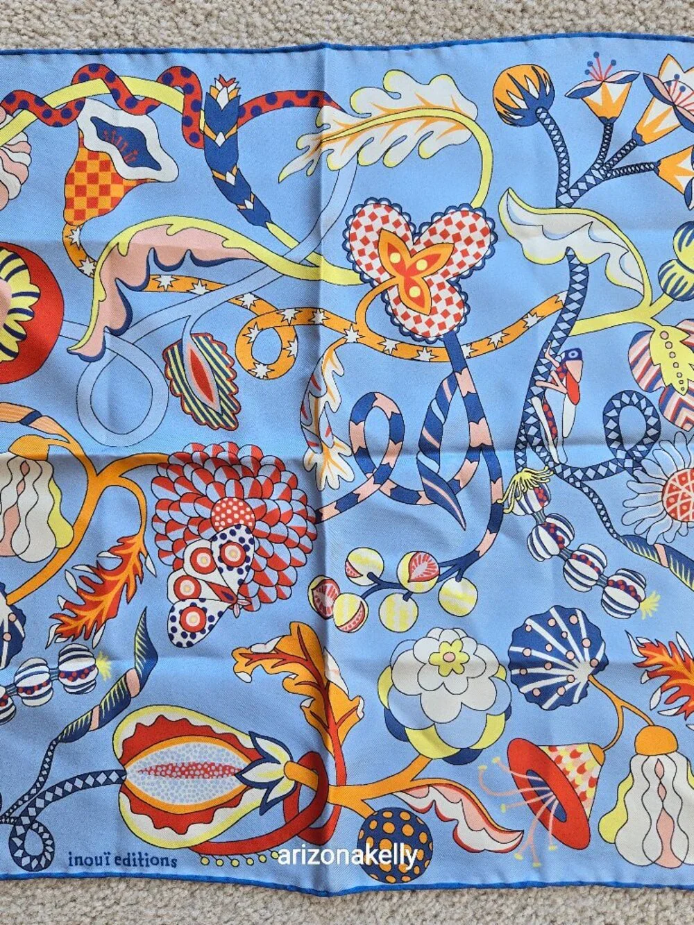 NWOT Inoui Editions Silk Scarf Neckerchief Whimsical Scene Hand Rolled Hems - Picture 1 of 7